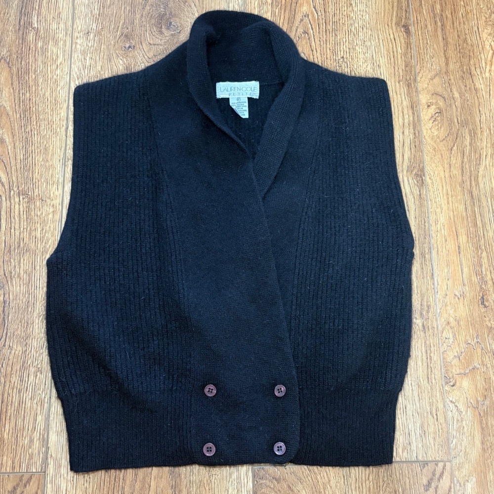 VTG 80s‎ Lauren Cole Black Lambswool Angora Shawl Collar Sweater Vest Petite S